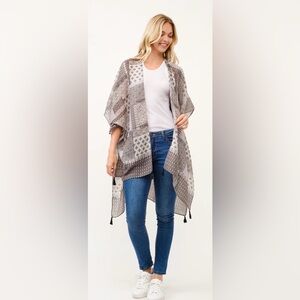 Raj Gray Patchwork Open-Front Kimono Sweater with Tassels